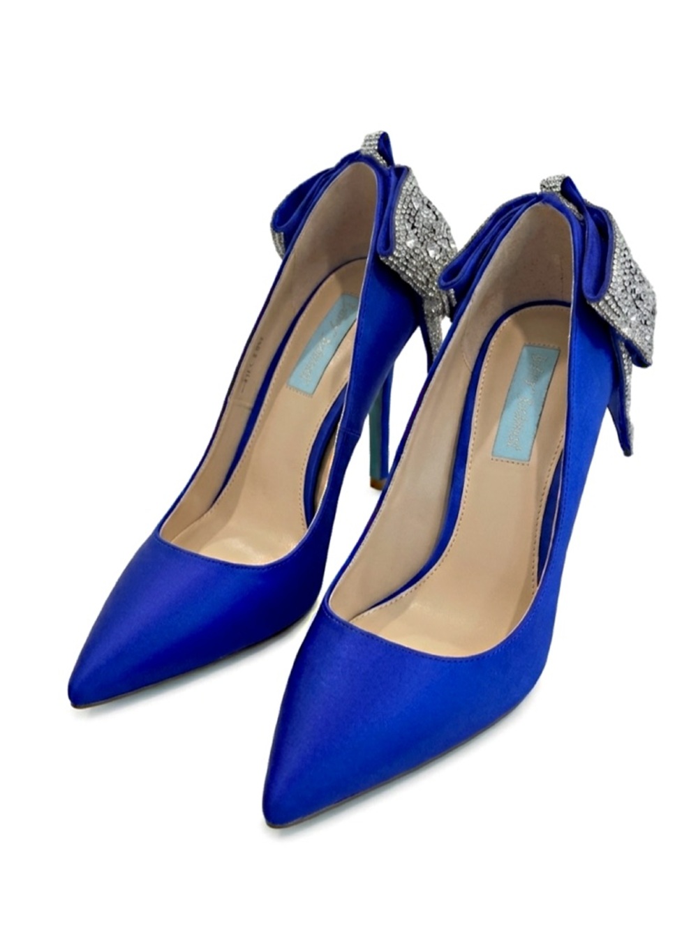 RARE Blue by Betsey Johnson Bryn Bow Blue Satin Rhinestone Pumps sz 7.5M - Picture 5 of 13